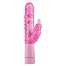 Розовый вибратор BUNNY OA BUDGET VIBE W DOTS с клиторальным стимулятором - 25 см.