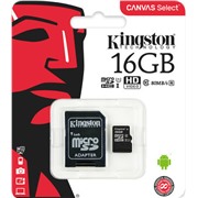 Карта памяти MicroSDHC 16 Gb Kingston class 10 80Mb/s Canvas Select /UHS-I U1/SDCS/16GB/R-80Mb/sW-10Mb/s